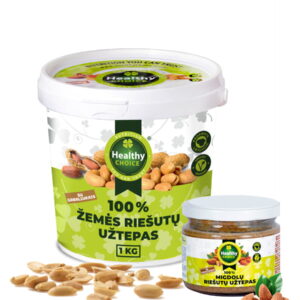 Zemes-riesutai-ir-migdolu-riesutai-nuotrauka Set: peanut spread “Healthy Choice” 1000g + almond spread “Healthy Choice” with pieces 250g